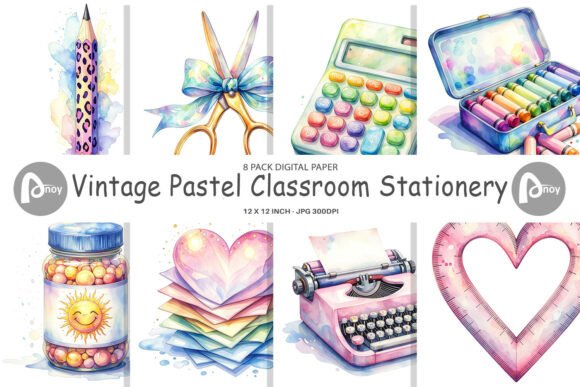 Download Pastel Retro School Supply Digital Paper - Retro Collection