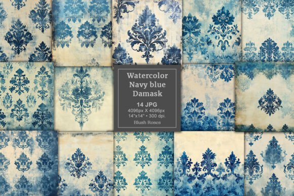 Download Vintage Navy Blue Damask Digital Paper - Vintage Collection