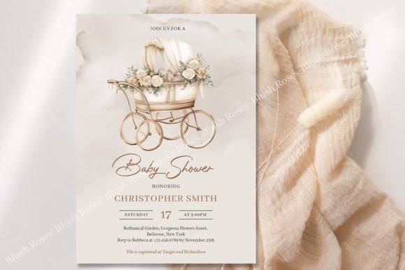 Download Vintage Boho Baby Carriage Baby Invite - Vintage Collection